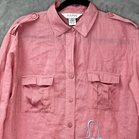 Allison Taylor Linen Silk Trim Pink Button Down Embroidery Long Sleeve Blouse M - Picture 2 of 12